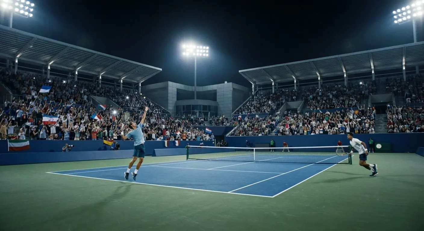Canchas de tenis iluminadas y jugadores en acción durante torneo nocturno